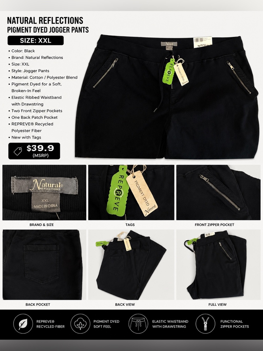 NWT Natural Reflections Black Jogger Pants XXL • Zipper Pockets •